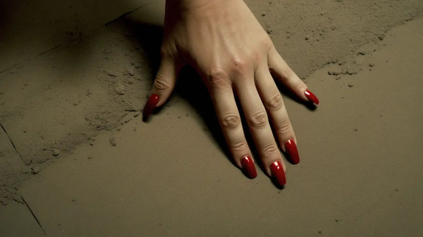 close-up image of a hand with red nail polish on dusty floor. Show hands