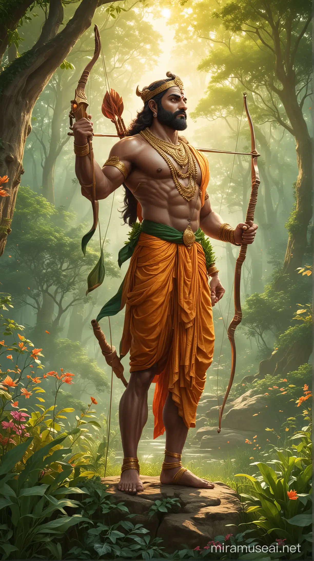 Create a detailed and vibrant illustration depicting Lord Ram standing majestically with a serene expression, holding his iconic bow, the mighty "Kodanda," while being surrounded by lush greenery and divine light, evoking a sense of tranquility and divine grace.