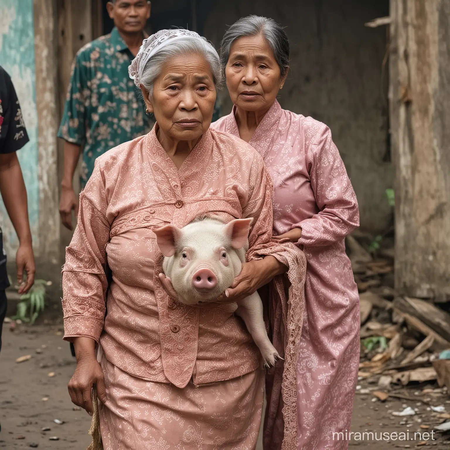 a fat Indonesian official with a pig face is being carried by an Indonesian grandmother who is dressed in a very shabby and dirty kebaya, the grandmother's face looks very tired.