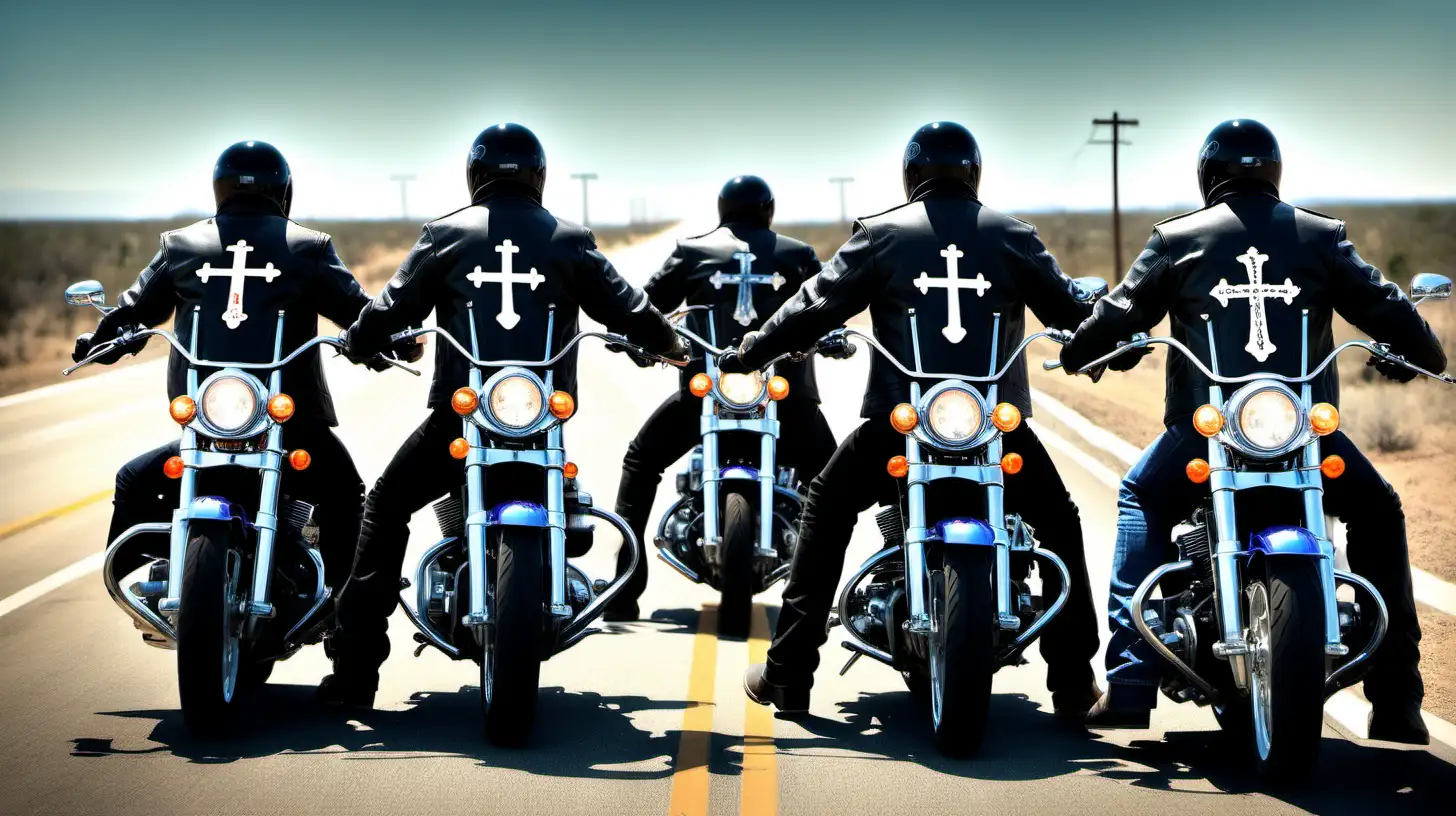 /imagine prompt: A high-definition photograph of Christian motorcycle riders on their bikes, lined up in unity, with crosses visibly adorning their jackets, ready to embark on a journey, showcasing fellowship and the open road ahead. Created Using: group motorcycle photography, Christian symbolism, road trip, fellowship, positive imagery, open road, unity, hd quality, natural look --ar 16:9 --v 6.0