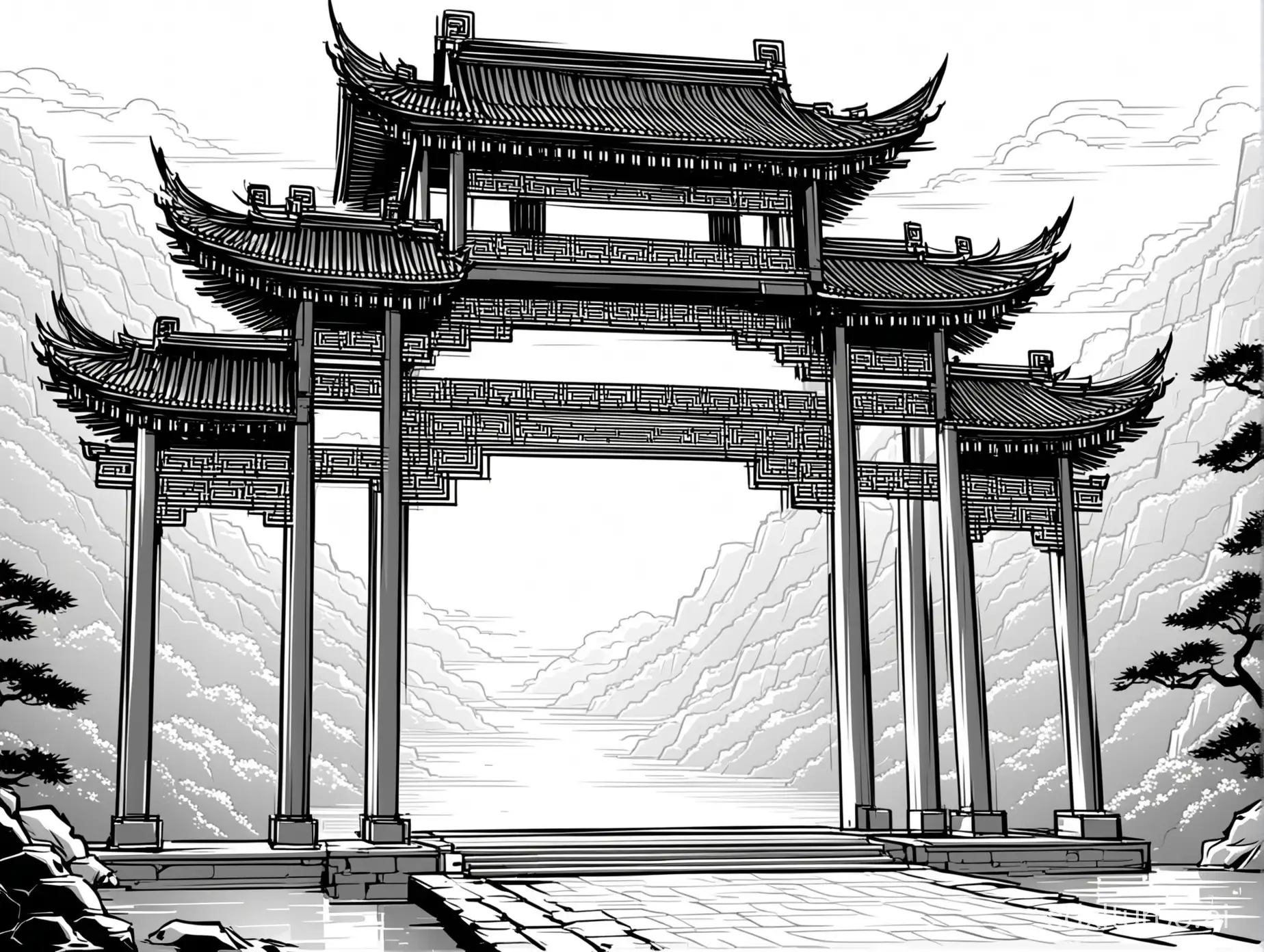 Use illustrator's vector line style to draw a standalone Chinese-style multi-layered archway, in black and white.