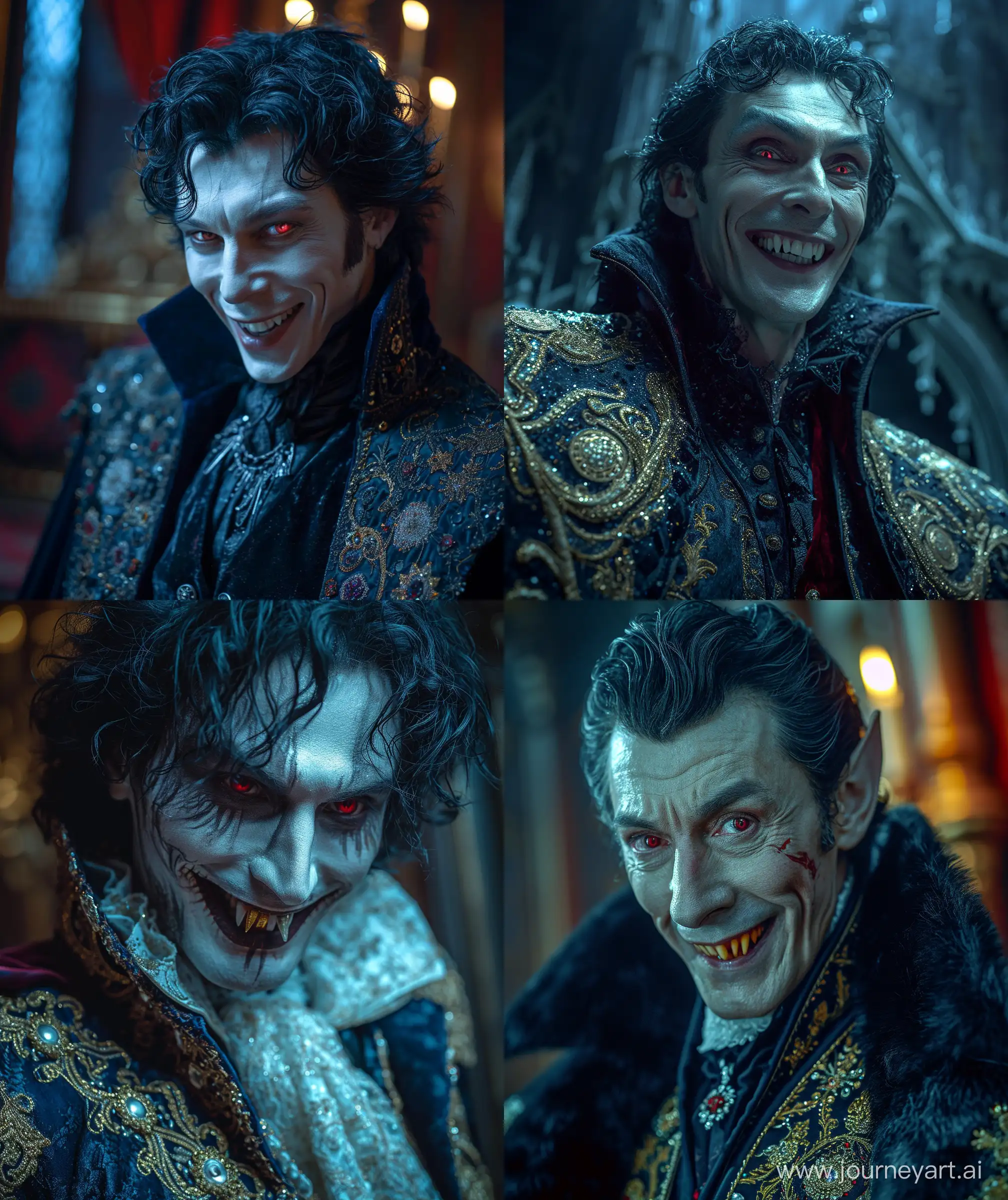 Handsome vampire man, fang showing, smiling, hot looking royal attire, magical castle, moonlight, black hair, pale skin , glossy face, red eyes, upper body --ar 27:32 --v 6.0 --s 750