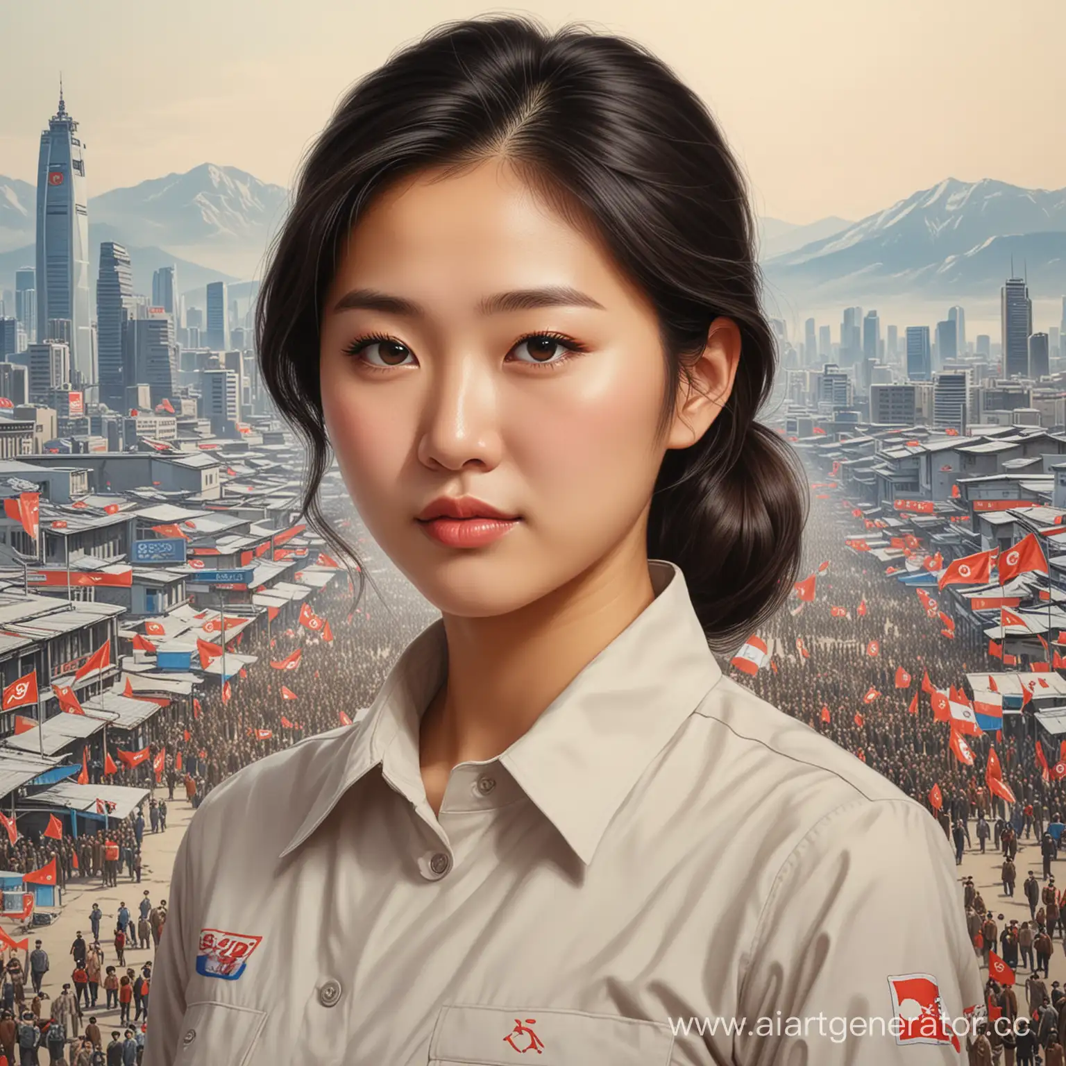 a Korean woman, a 23-year-old girl, a member of the Workers' Party of Korea, against the background of the DPRK of the future, good quality, detailed drawing