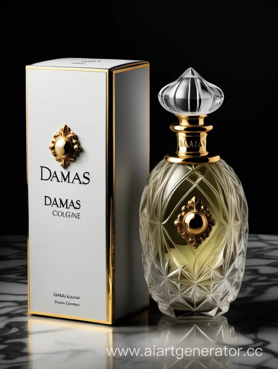 a bottle of damas cologne sitting next to a dark White box,with golden lines a Baroque dynamic luxurious composition, feminine
flemish Baroque