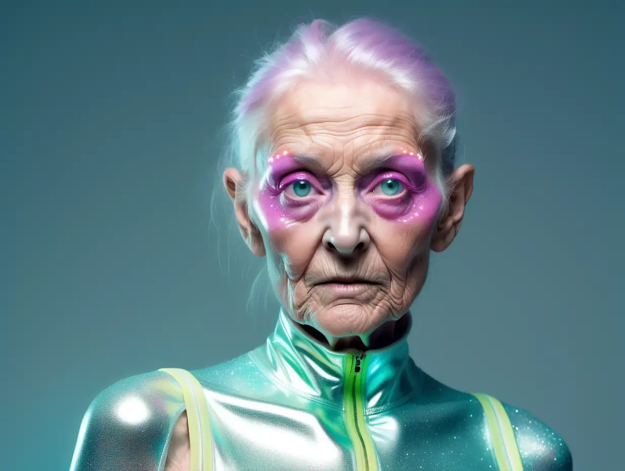 Elderly Woman in Futuristic Pastel Sportswear with Clear Eyes