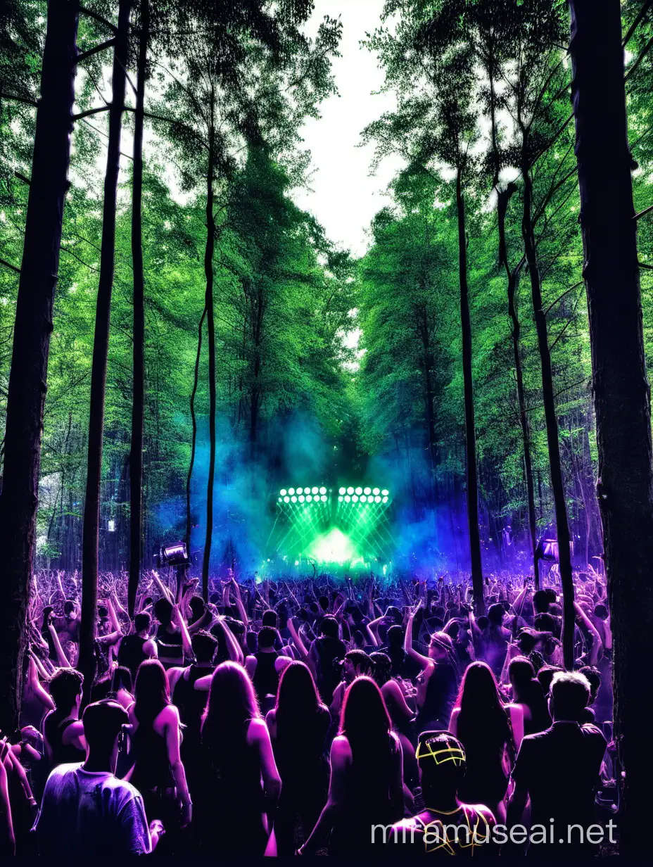Energetic Forest Rave Scene with Neon Lights and Dancing Revelers