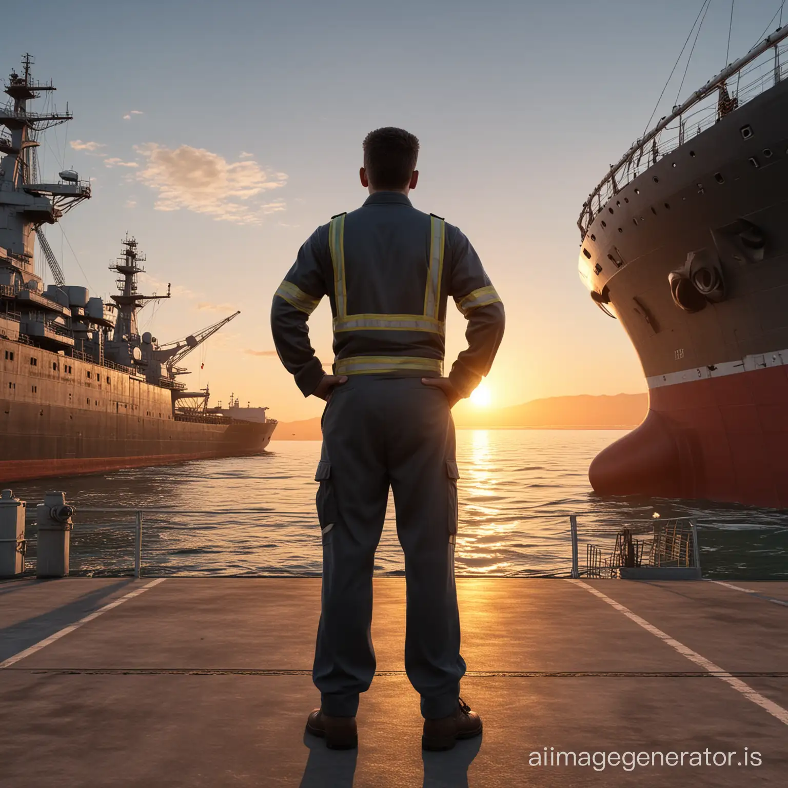 Marine-Engineer-Standing-in-Front-of-Ship-at-Sunrise-Port
