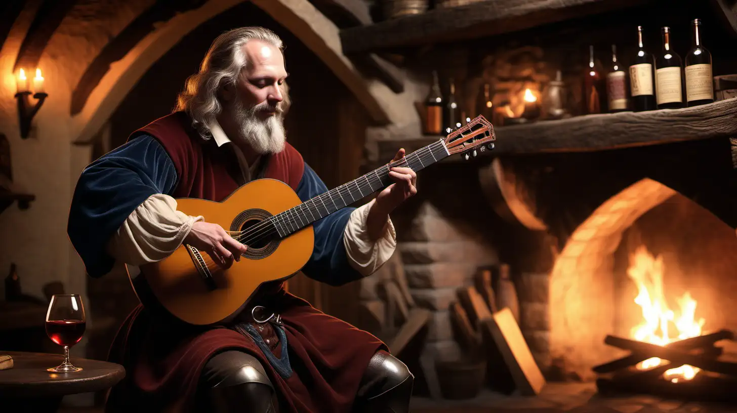 Medieval Tavern Serenade MiddleAged Bard Playing Classical Guitar by the Hearth