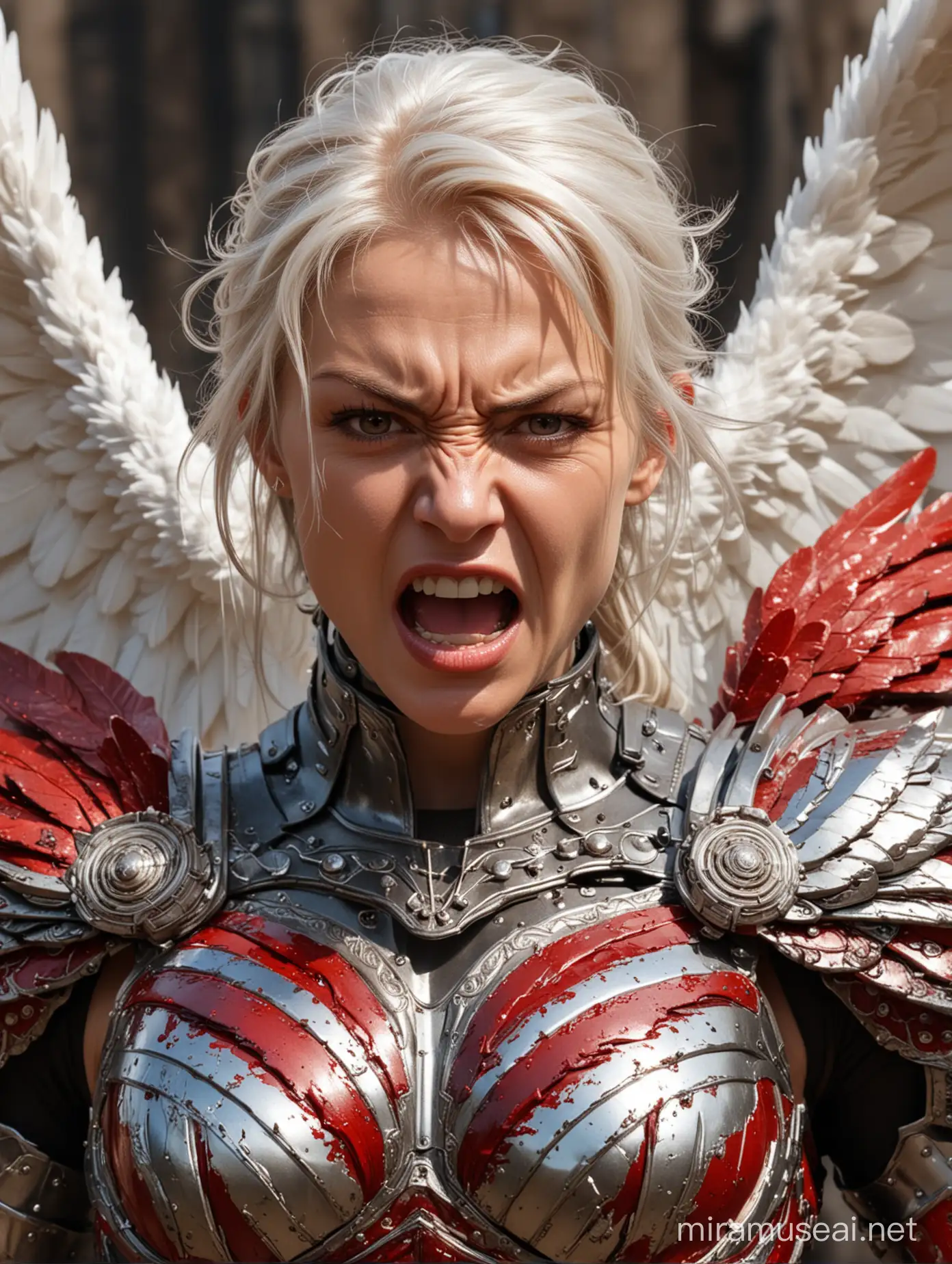 Face of an angry, muscular female angel, huge wings, red decorated platinum armor, quivering with rage, screaming, wrinkles of anger, flushed face, angry, close-up, zoom