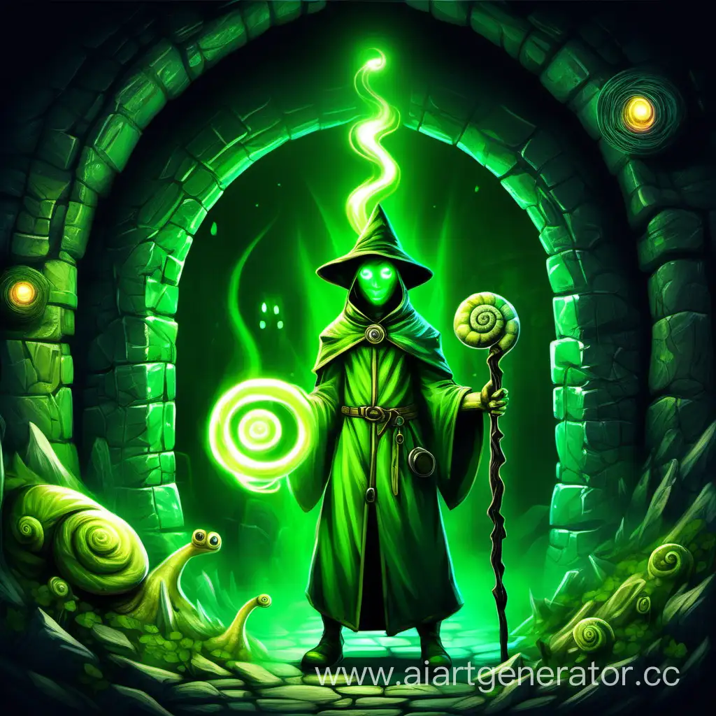 mage with glowing face, staff in the hand and snail on the shoulder. Opening green portal in the dungeon