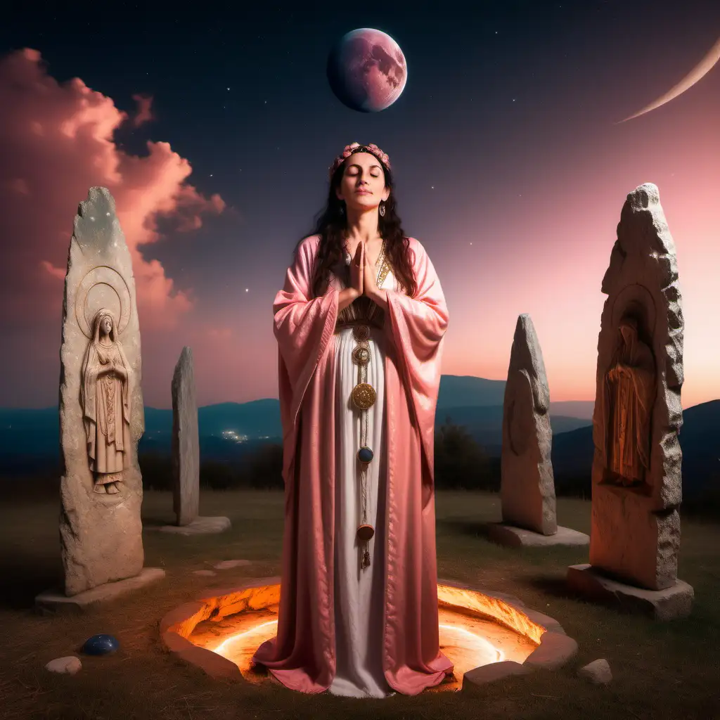 An ancient spanish priestess is standing at a stone circle, she is wearing very ancient robes, it is night time, she has her hands in prayer, planets above, she is happy, peach pink sky