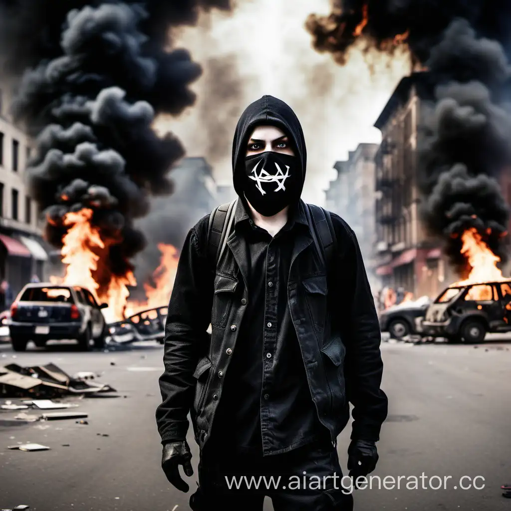 anarchist in the streets of a burning city