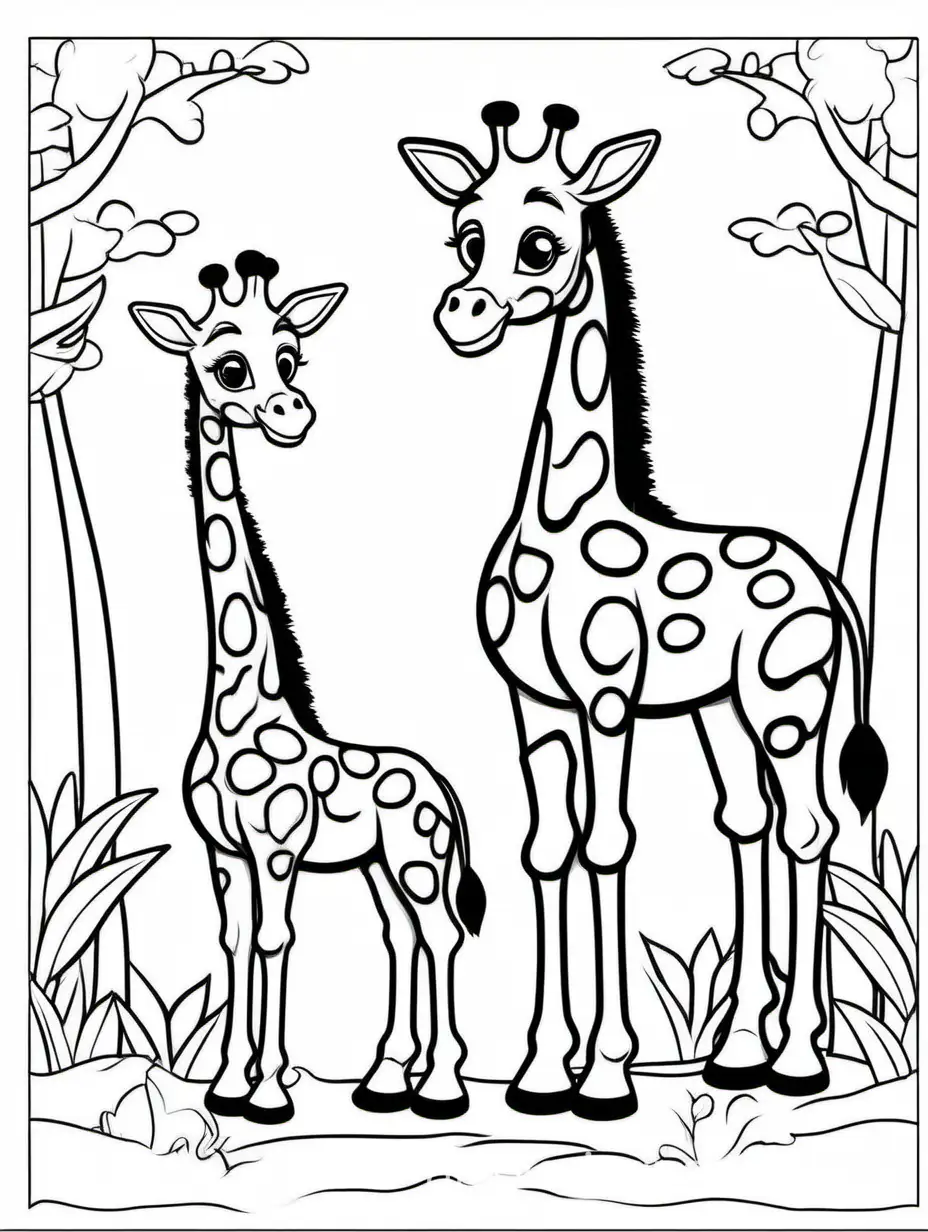 cute giraf  with his baby for kids easy, Coloring Page, black and white, line art, white background, Simplicity, Ample White Space. The background of the coloring page is plain white to make it easy for young children to color within the lines. The outlines of all the subjects are easy to distinguish, making it simple for kids to color without too much difficulty