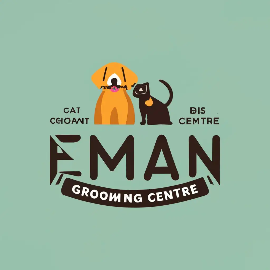 LOGO-Design-For-Eman-Grooming-Centre-Playful-Cat-and-Dog-Grooming-with-Building-Silhouette