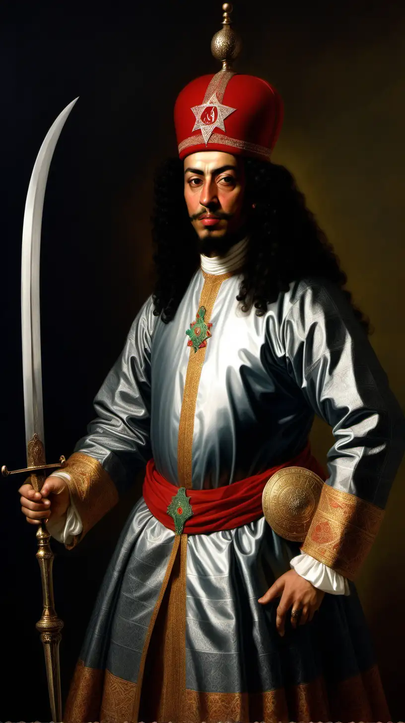 He ruled in 1672-1727. The ruler of Morocco, Ismail, has a sword and a shield. Make the background of the image dark.
