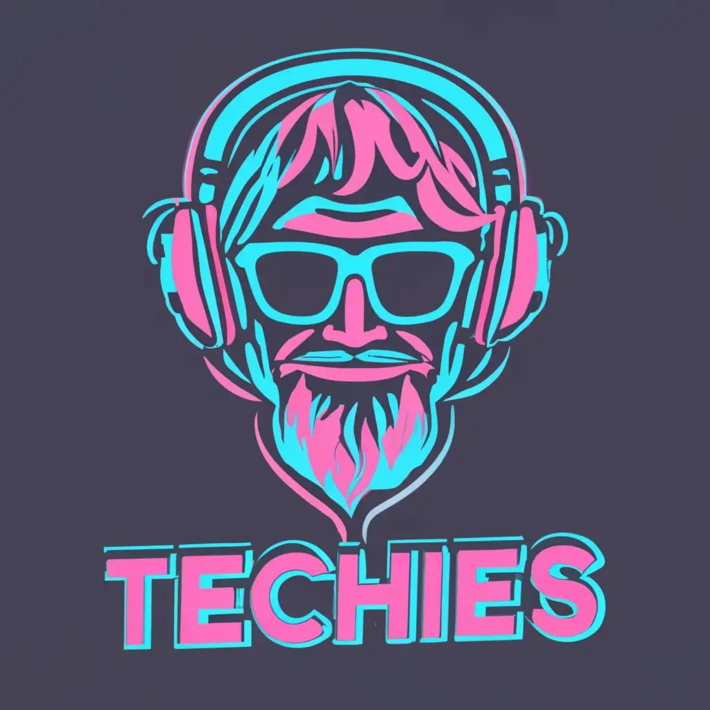 logo, grandpa with Fade Haircut wearing headphones sunglasses, pink and blue neon, white background, with the text "Techies ", typography