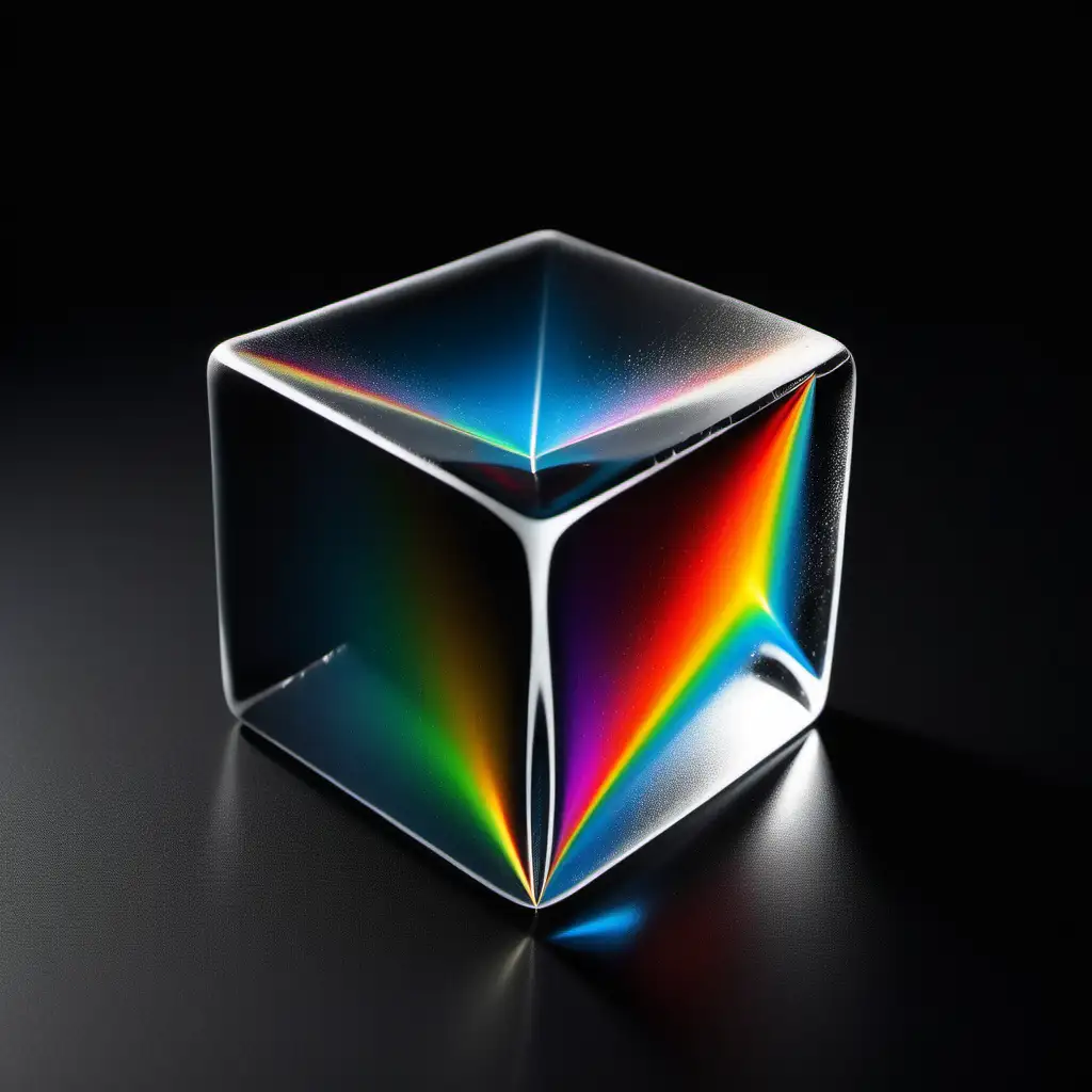 Dibuja un cubo sólido de hielo de una sola pieza tridimensional en un fondo negro con un rayo de luz oblicuo que se refracte en la gama de colores existente hacia el exterior