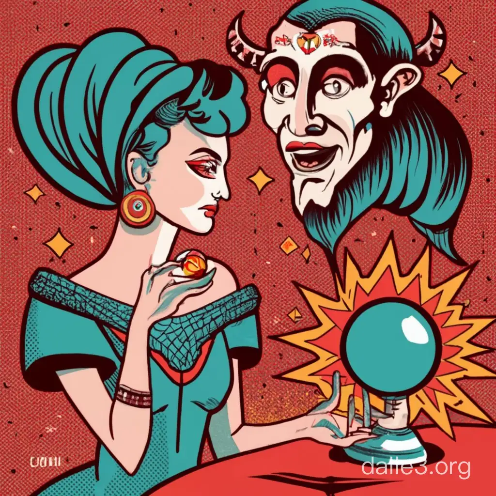 a cartoon style poster with a gypsy with a crystal ball on a red table with a man standing on the left and a big demon head above the table