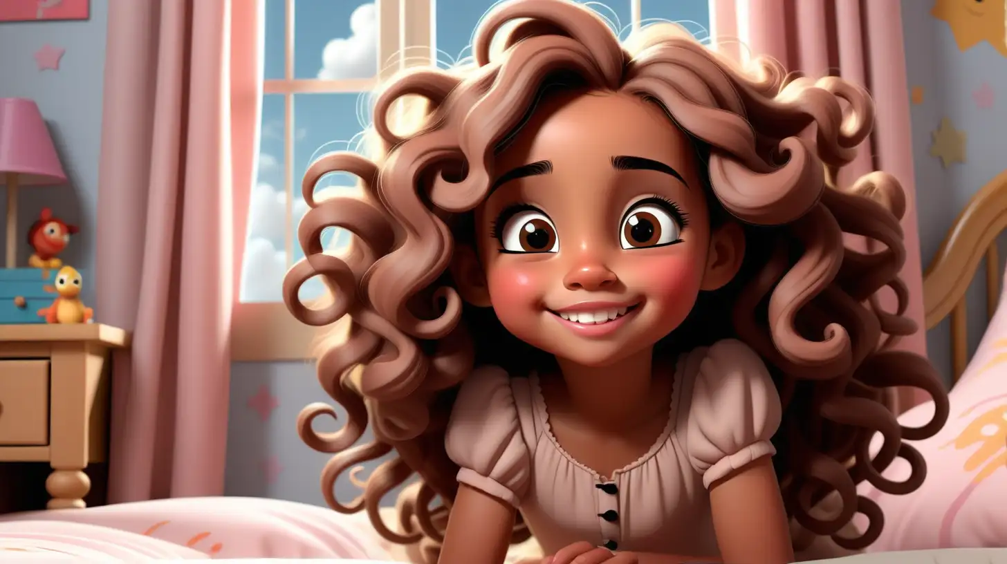 A beautiful 7 year old girl, cute, light brown skin, big hazel eyes long black eyelashes, blush,beautiful lips, round face,sitting on a bed, thinking, happy, cute pink kids room,  looking up and to the left, extremely long brown detailed curly hair, dress, disney style, cartoon character, imagining, sun light shining on her face, sky, clouds,  smile, 