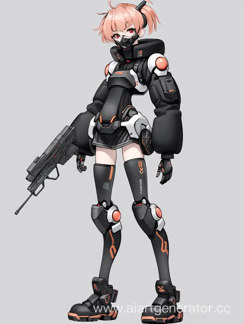 Full body view of anime robot girl. girl. Young adult. robot girl combat drone with mecha body and short fluffy peach colored hair and red eyes. She wears a black skirt, kneepads, boots, a black tactical jacket, and a facemask