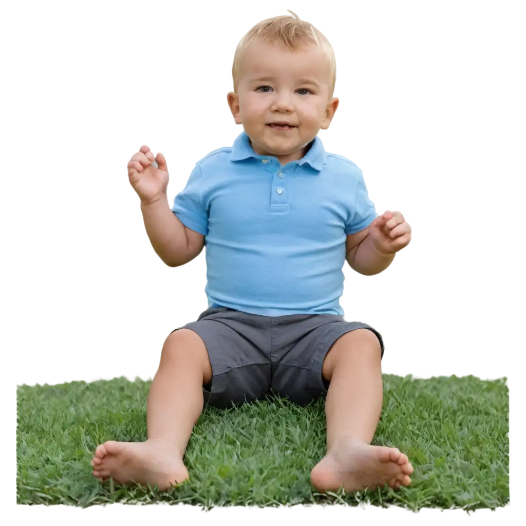 a small child 1 year old boy is sitting on the grass