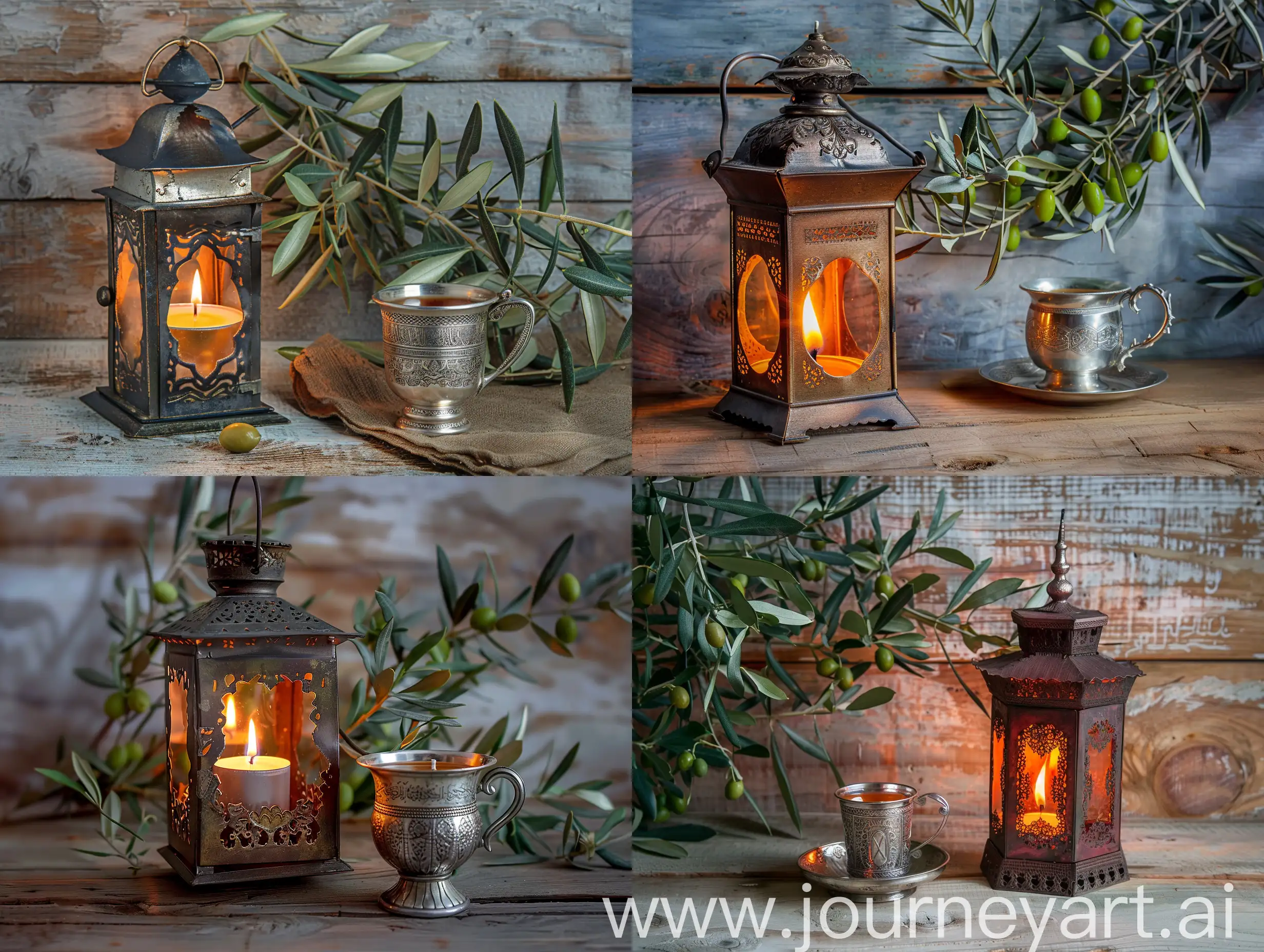 Elegant-Ramadan-Kareem-Still-Life-Lantern-Tea-and-Olive-Branches-on-Wooden-Table