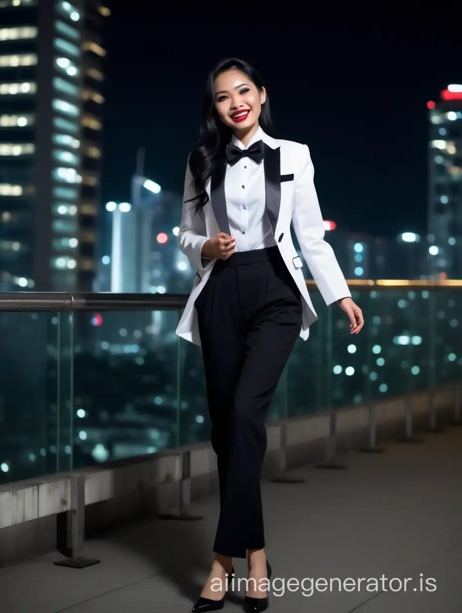 It is night. The scene is a scaffold at the top of a skyscraper. A beautiful smiling and laughing Thai woman with long black hair, and lipstick, mid-twenties of age, is walking straight forward, looking at the viewer.  She is wearing a tuxedo with a black jacket and black pants.  Her shirt is white with double French cuffs and a wing collar.  Her bowtie is black.   Her cufflinks are large and black.  She is wearing shiny black high heels.  Her jacket is open.