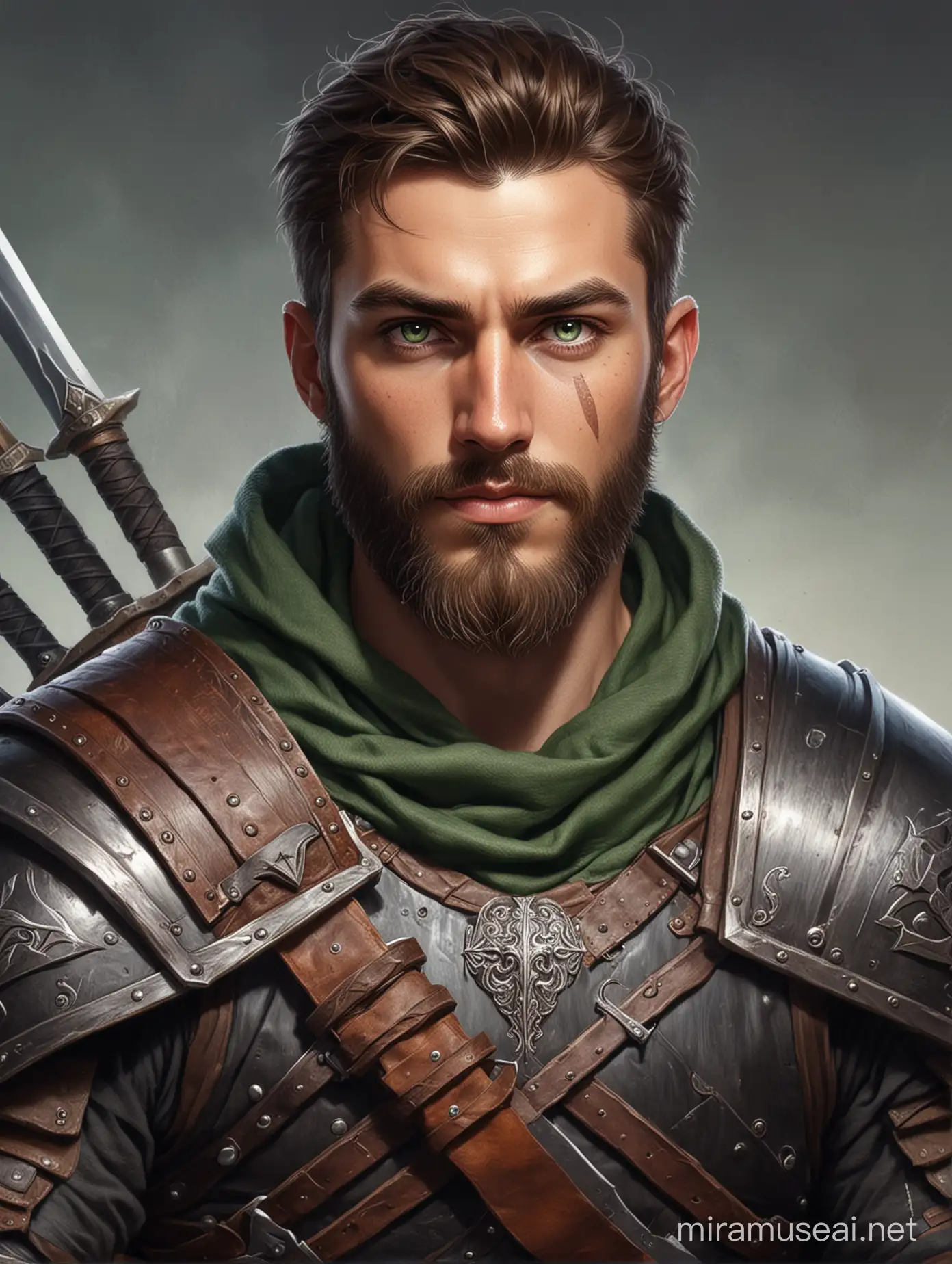 draw a human fighter, 30 years old man with beard, green eyes, nice face, leather armor and two swords, holding two swords, D&D