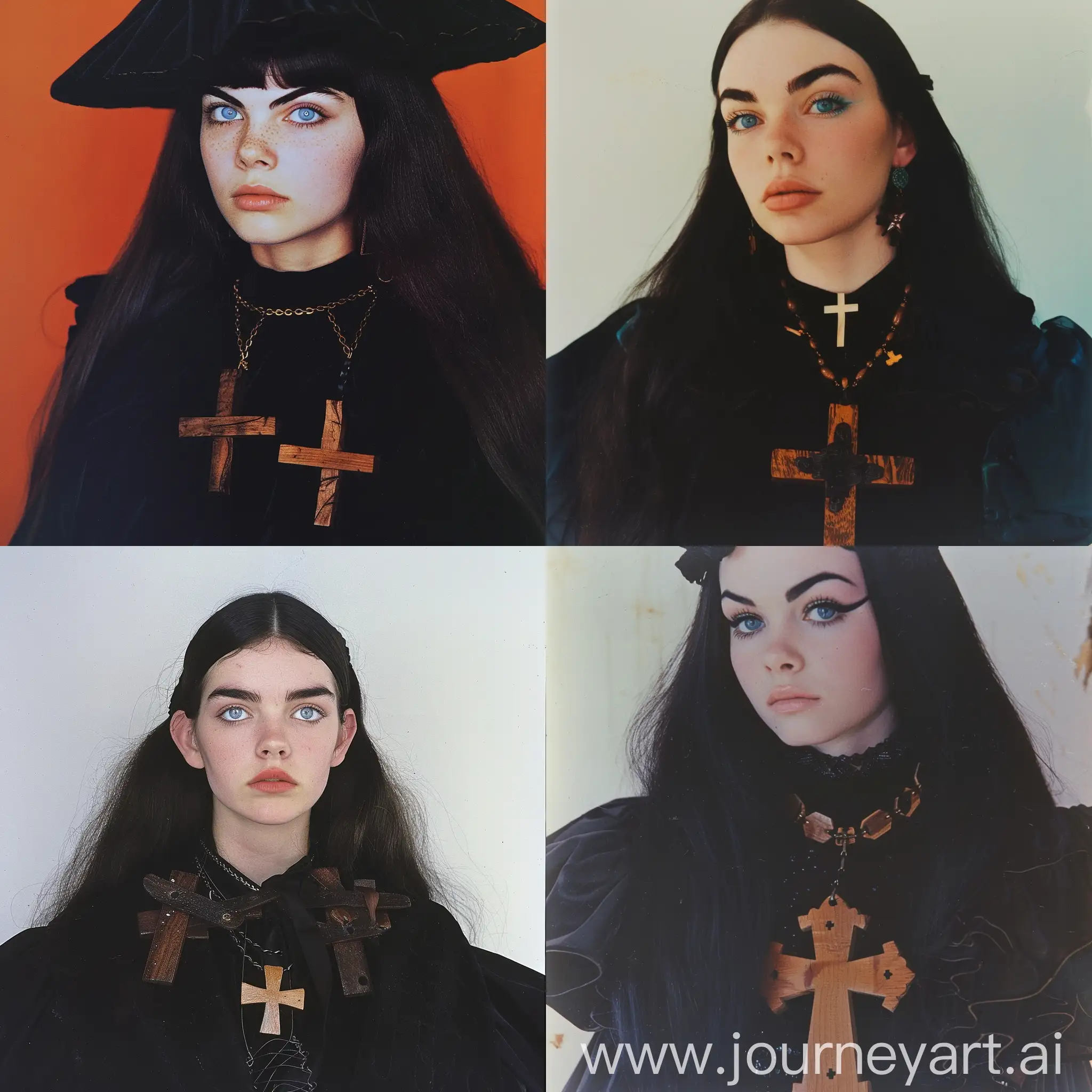 a young woman with long black hair blue eyes thick eyebrow wearing a black dress with huge black coat on top wearing a huge wooden cross necklace on, 1970s