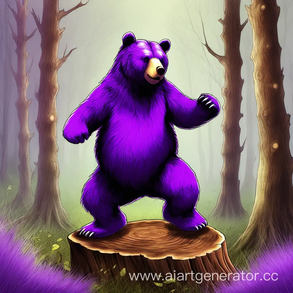 фиолетовый медведь танцует на поляне возле пня