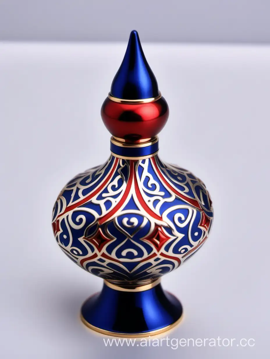 Zamac Perfume decorative ornamental long cap, SHINY DARK BLUE color with matt RED WHITE border line with dots in middle arabesque pattern shaped | metallizing finish