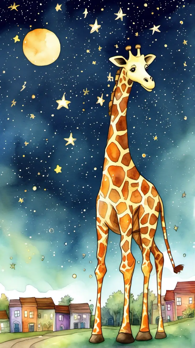 Enchanting Night Flight Giant Giraffe Soaring Among Stars