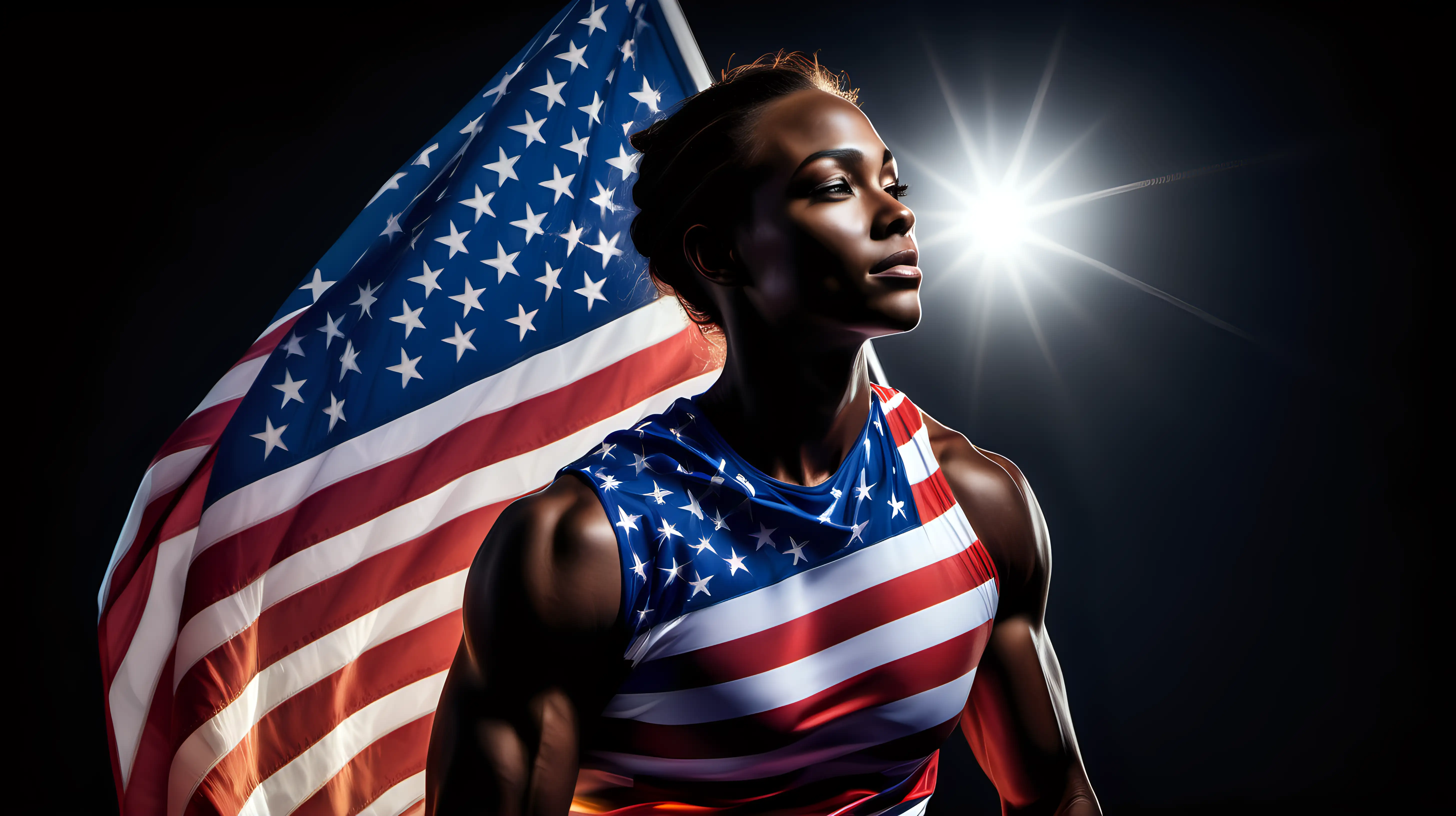 An athlete embracing a luminous American flag, the radiant glow highlighting their passion and dedication to representing their country on the world stage, even in the darkest of times.