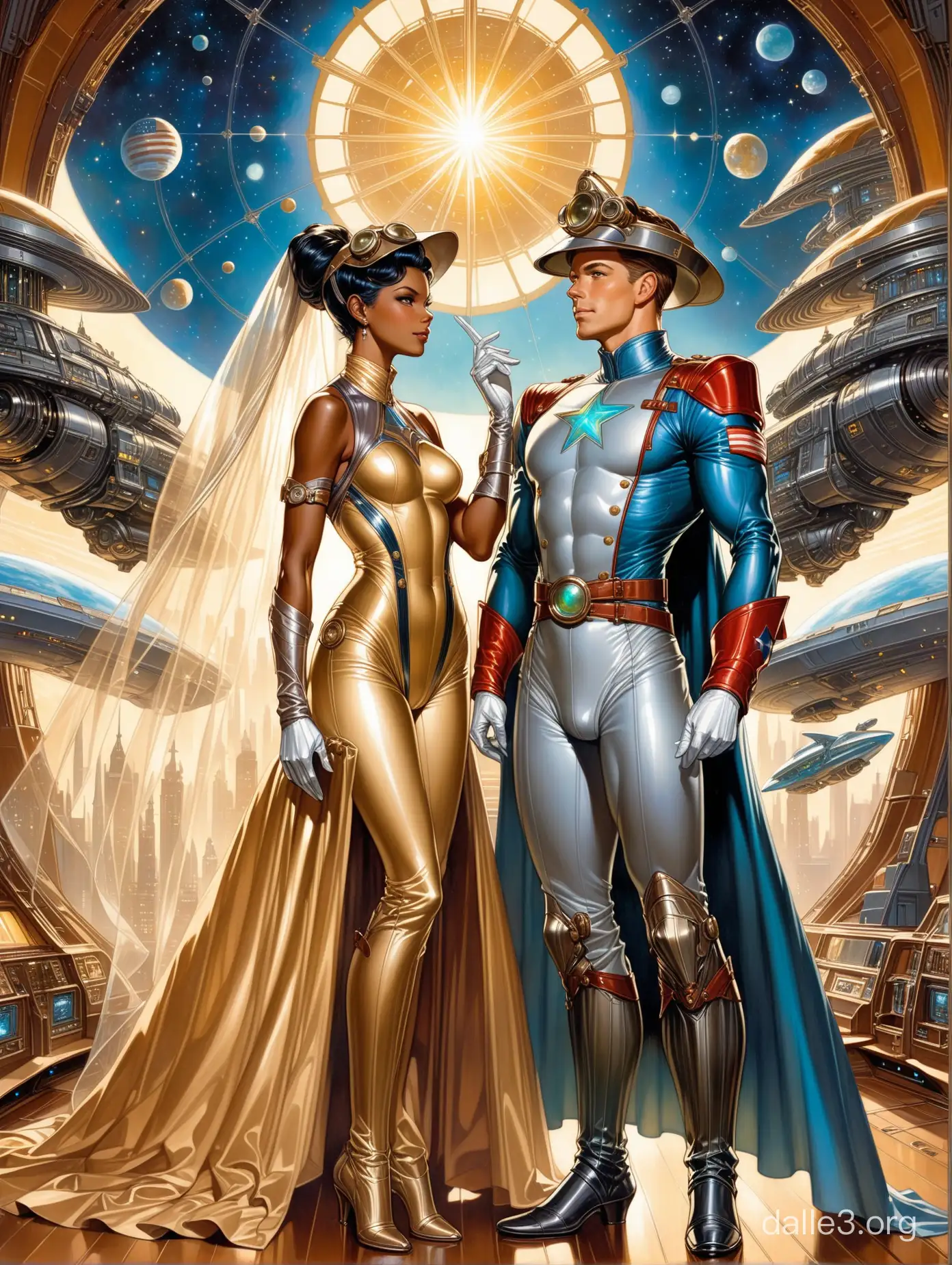 Full body view. elegant vintage painting by J.C. Leyendecker, Norman Rockwell and Artgerm, a dynamic ensemble of exquisitely detailed fantastical male and female alien super-heroes inspired by Regency era, female rose-skinned alien, turtleneck Regency starry military space sparkly silver iridescent uniform with veils, metal black sparkly ponytail, visor retro sci-fi style, stands next to handsome sparkly steel galactic alien blue-skinned super-hero, steampunk starship interior, fantastical star-spangled iridescent gold metallic uniform, otherwordly fantastical city