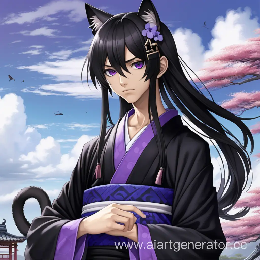 Graceful-Anime-Boy-in-Black-Kimono-with-Cat-Ears-17YearOld-Character-Design