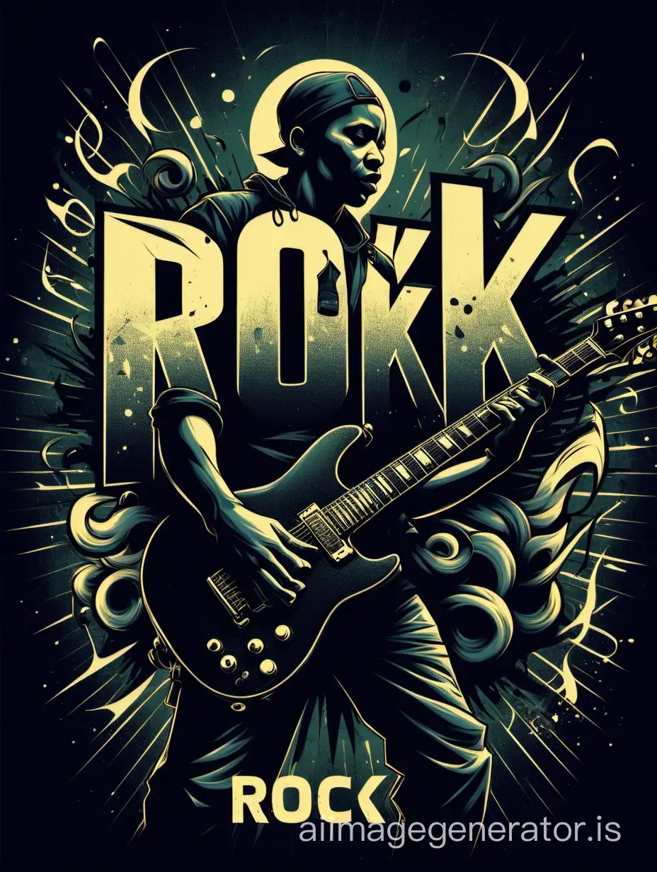 Create a captivating a vectorial poster design featuring the word " ROC K " as the focal point. Incorporate a realist lead guitar player and background elements  reflect darkness music  and tears. Bold typography, use darkness colors.