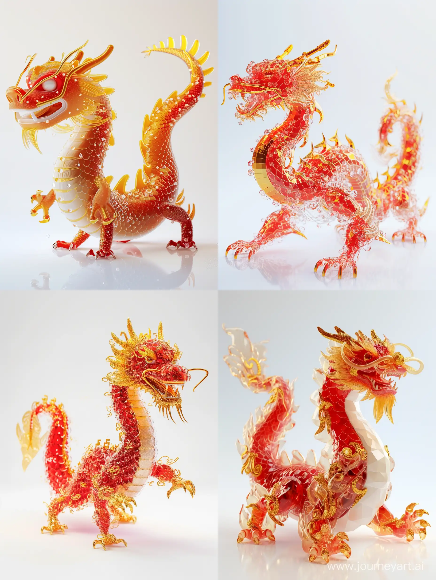 
portrait of A cute chinese dragon icon, full body, transparent material, red and golden, golden dragon horm, frosted glass, transparent technology sense, ui design, isometric, white background, studio lighting, bright color, 3d art, c4d, octane rendering, blender, ray tracing, pinterest, dribble, reduce details, 8k