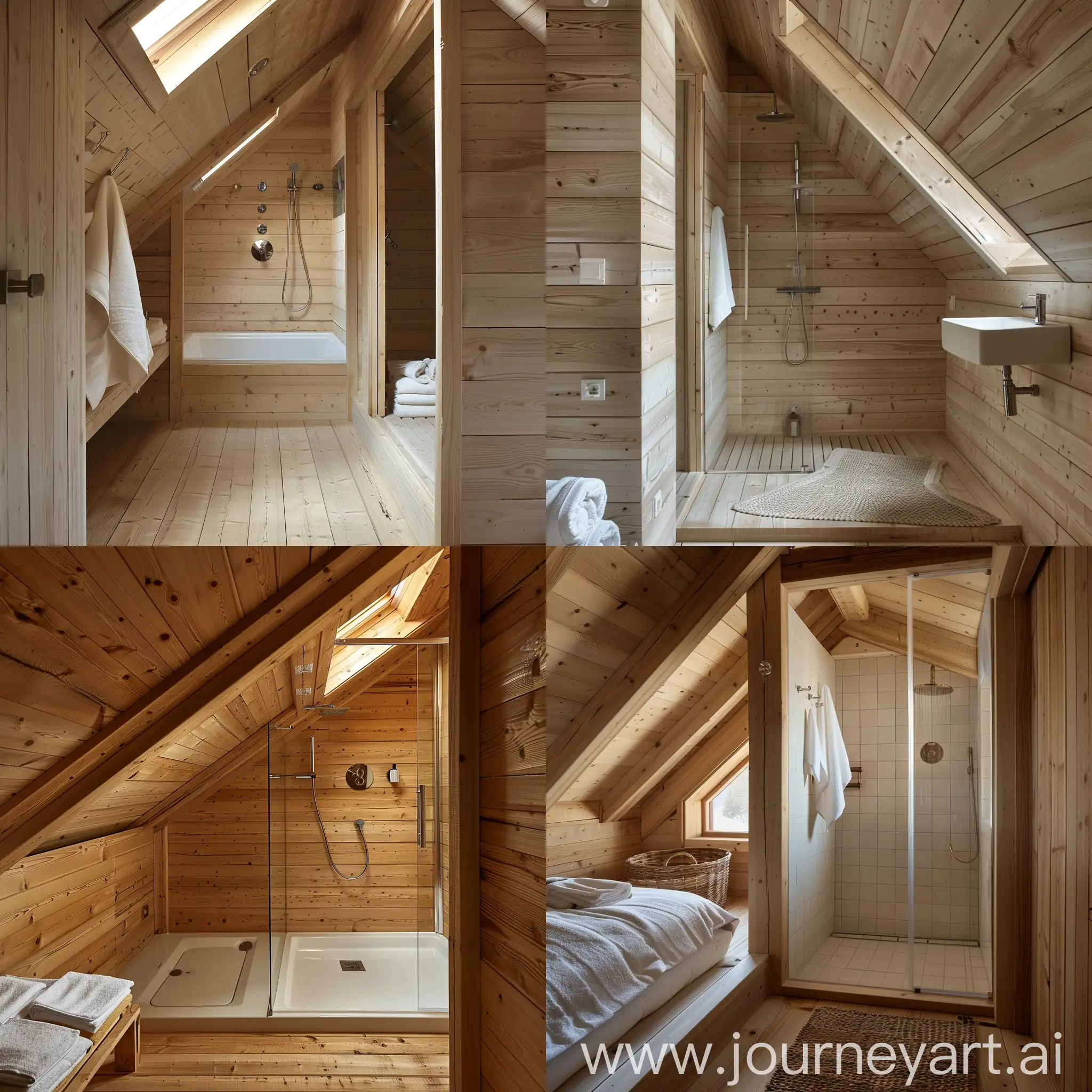 Душевая комната в стеле шале в деревянном доме 