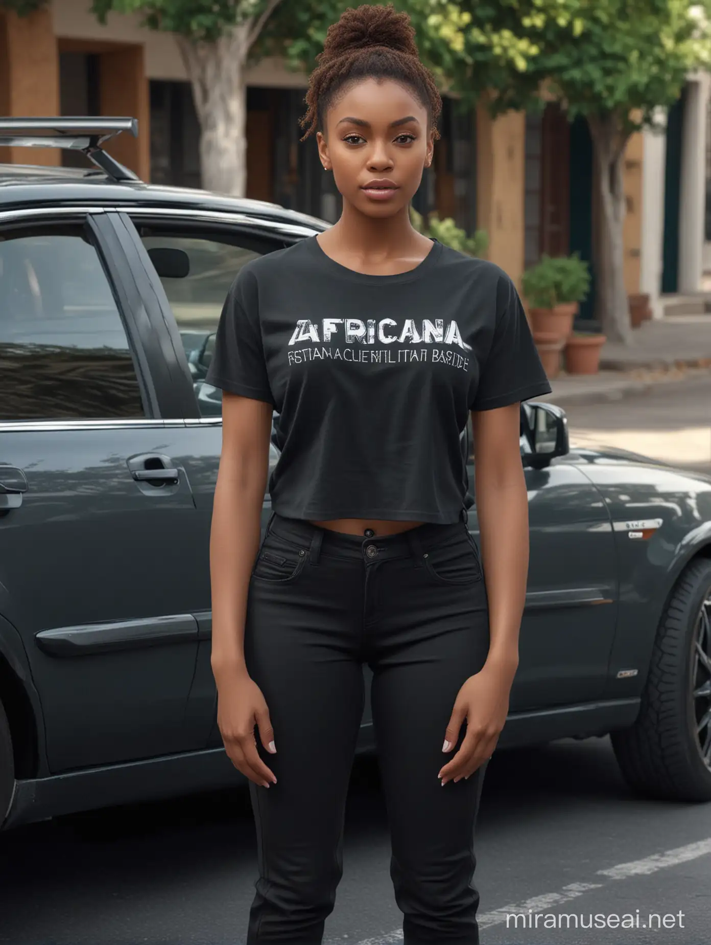 A hyperreal, photographic, 8k sharp focus,digital image very beautiful african american woman mixed race wearing a a casual black tee-shirt written *AFRICANA TV CARAIBES*(spelled correctly)  and a black pants, Full-body shot. standing next to a car. Photorealistic, ultra realistic, Hyperrealistic, Hyperdetailed, Realistic photo, candid celebrity shots, uhd image, natural beauty --ar 69:128 --s 750 --v 5. 2