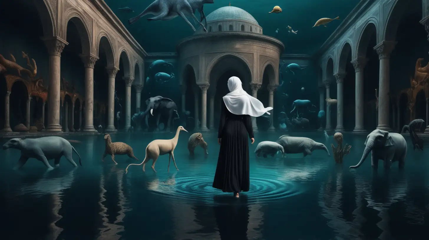 hijabi woman walking on water in large wonder land surrounded by surreal animals, Dark mode, Roman buildings,
