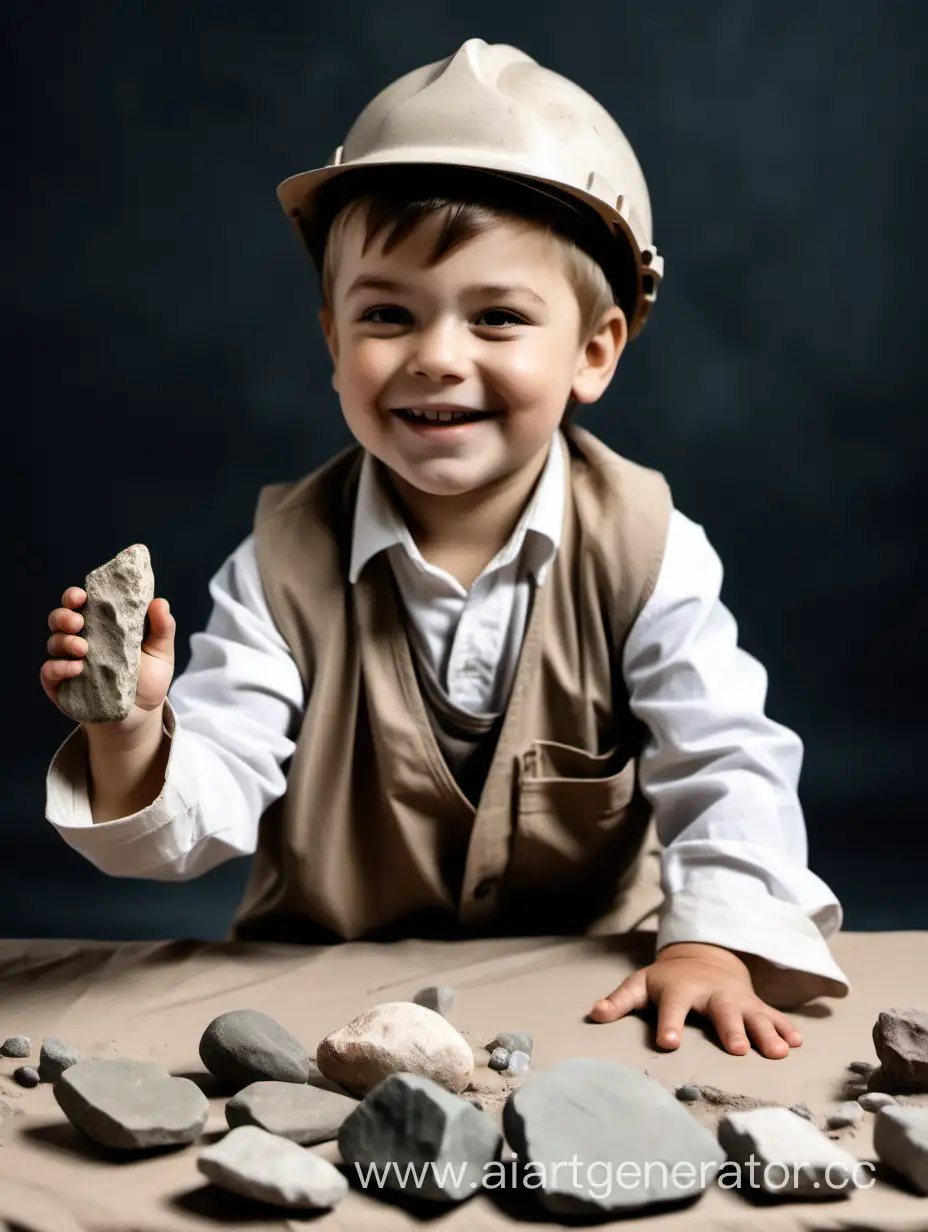 a little boy dressed as an archaeologist sits at the table, smiles and holds a stone in his hands