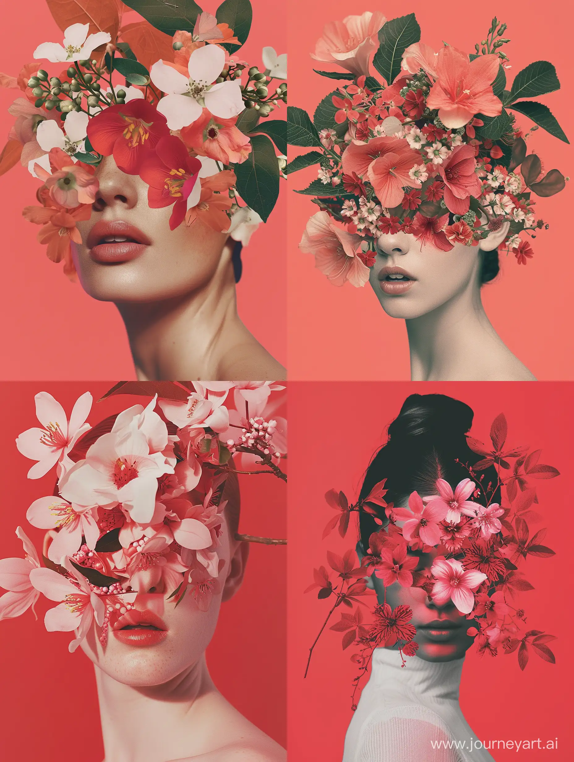 image of woman with flowers covering her face, in the style of collage-like layering, red and pink, serene faces, nature-inspired pieces, photo-realistic techniques, barbiecore, organic geometry