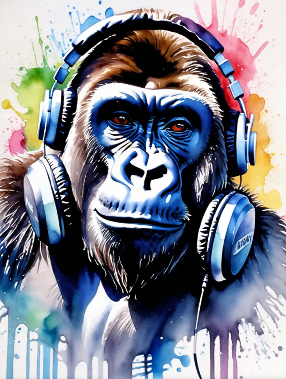 Modern Gorilla DJ with Headphones Vibrant Watercolor Art