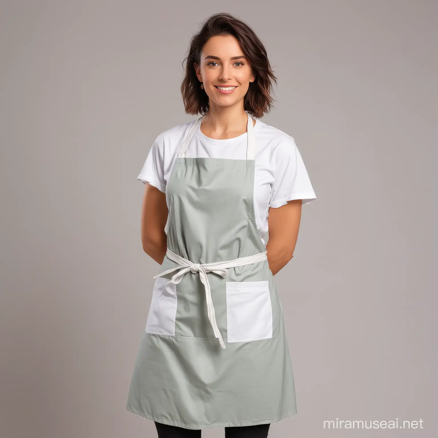 woman sideposing with withe apron and t- shirt, withe background