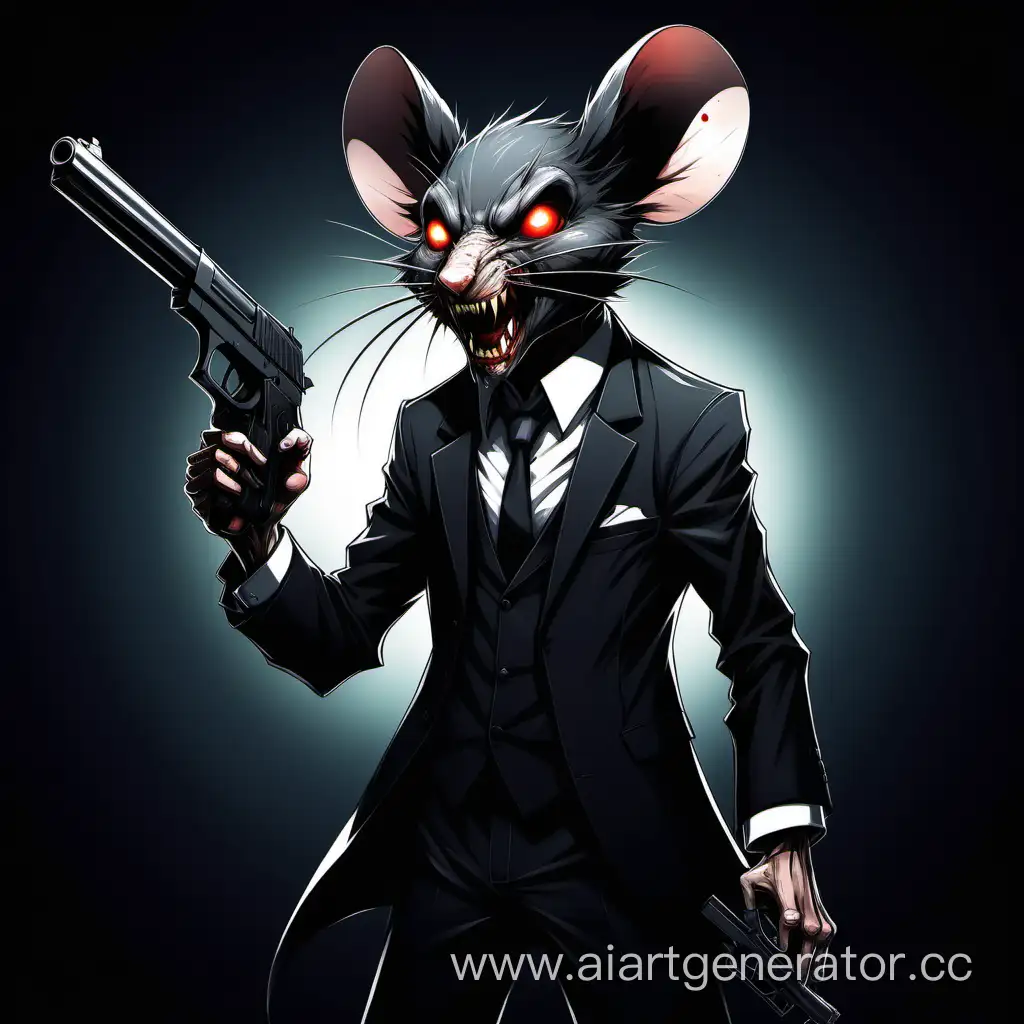 ловец мышей в черном костюме с пистолетом в аниме стиле злая морда оскал рваные уши