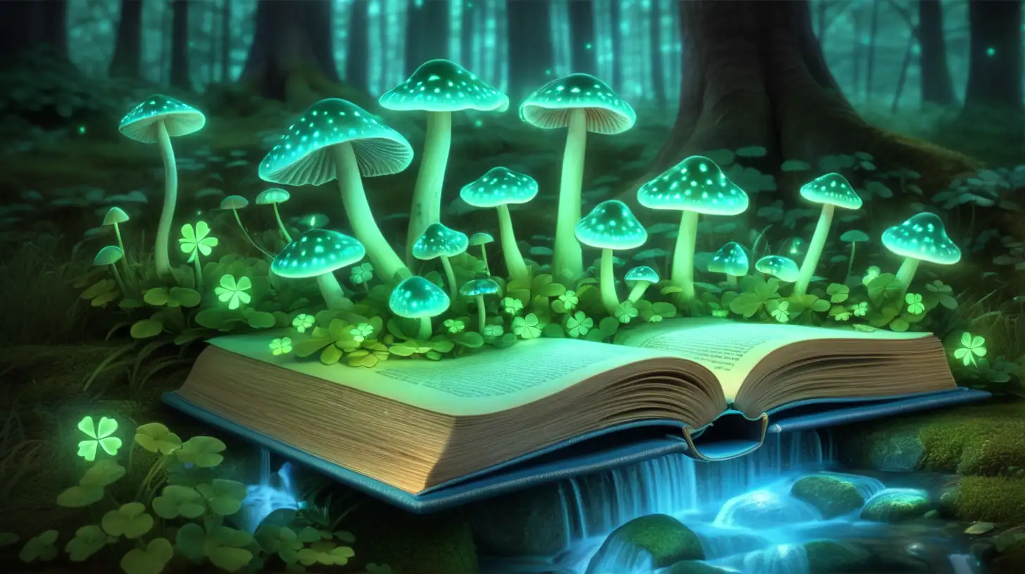 magical book-glowing with blue-glowing-mushrooms-green-shamrocks growing out of it, fairytale-magical shamrock trees and a magical stream