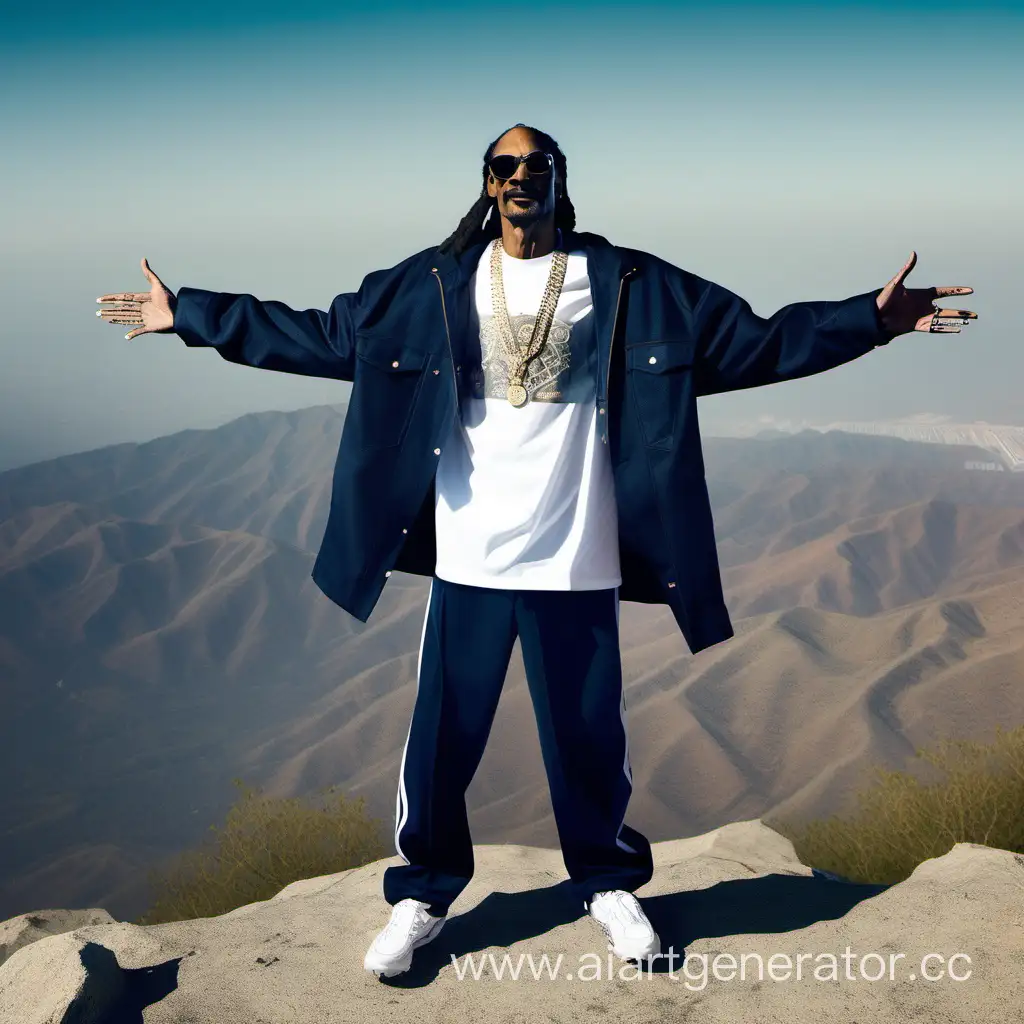 Rapper Snoop Dogg stands on top of a mountain and spreads his arms to the sides, demonstrating greatness