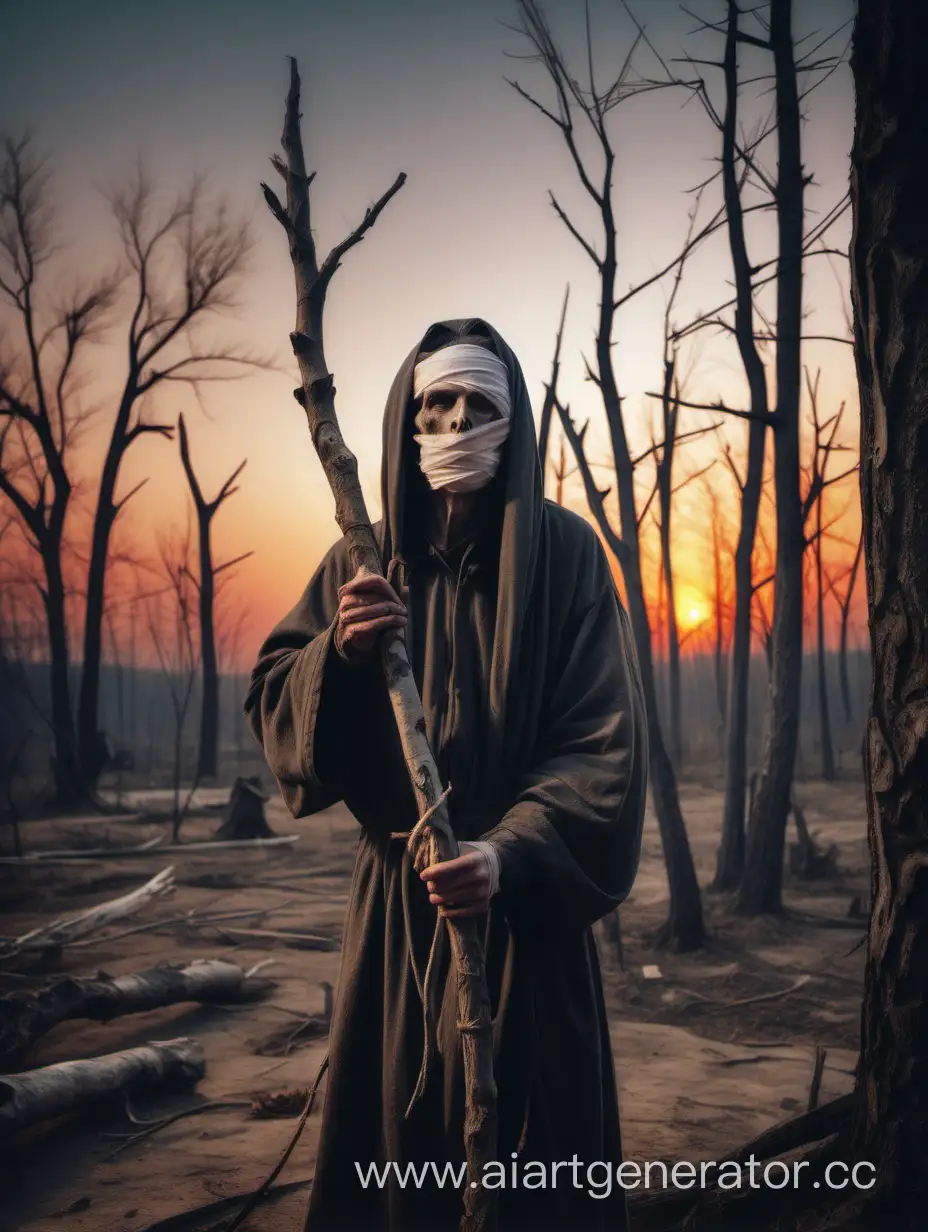 Hermit on the background of a sunset and dead trees with a beautiful face covered with a bandage, a long staff in his hand