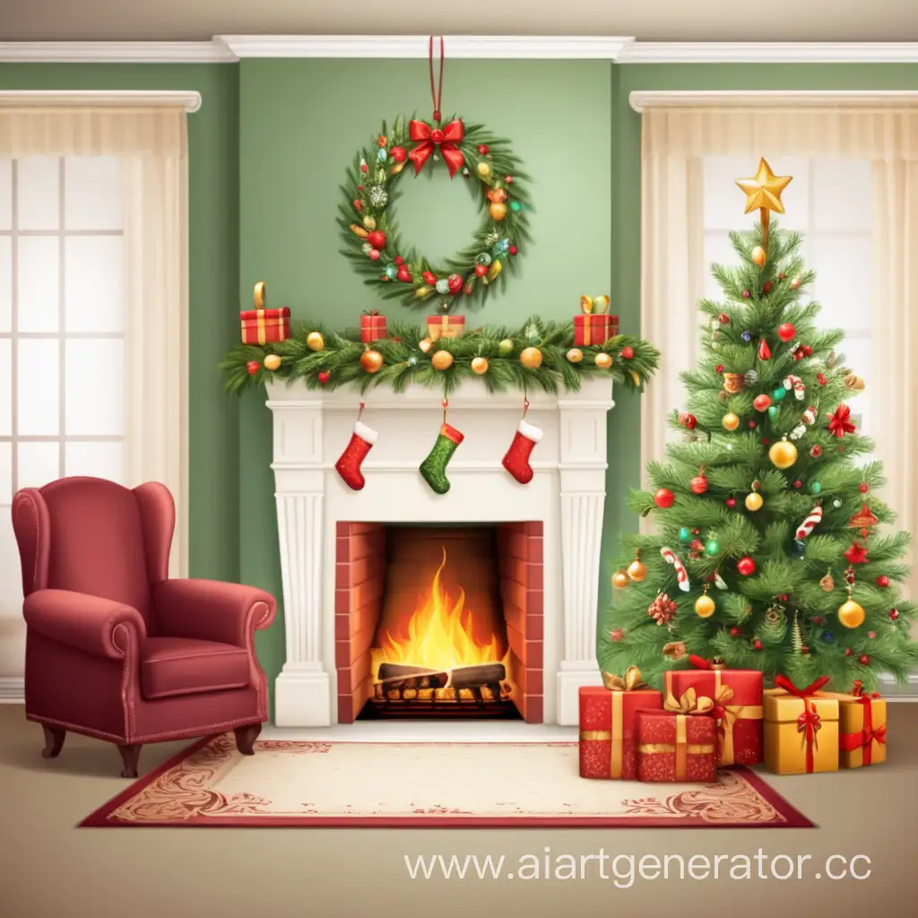 Festive-New-Year-Card-with-Cozy-Fireplace-and-Ornate-Christmas-Tree