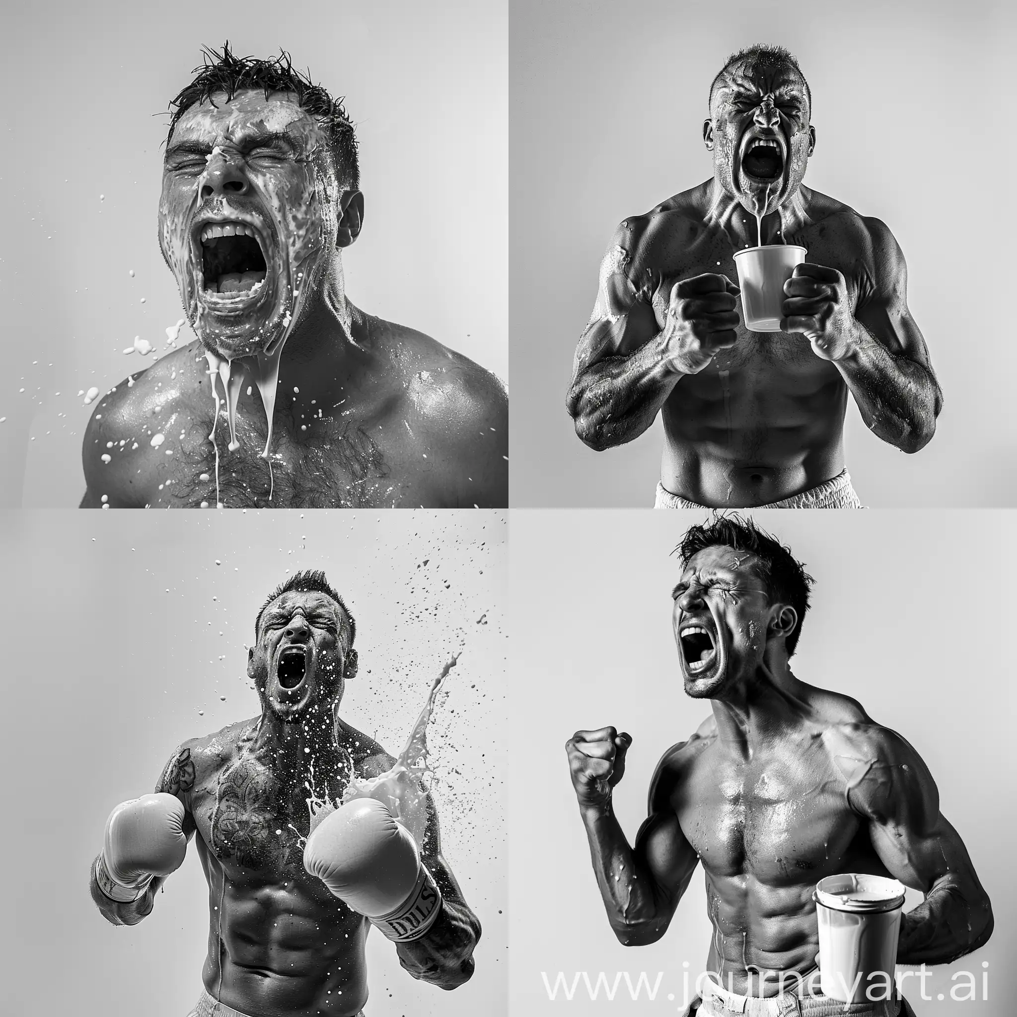 imagen 1:1 en blanco y negro, señor exboxeador gritando con mala leche, fondo blanco